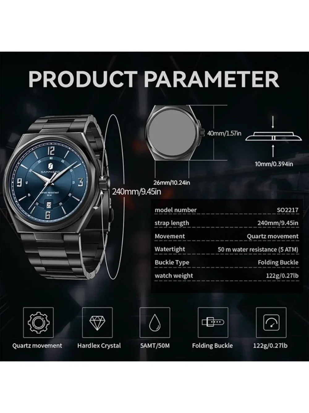 Men's Black/Blue Numeral Dial Stainless Steel Strap Analog Quartz Wrist Watch
